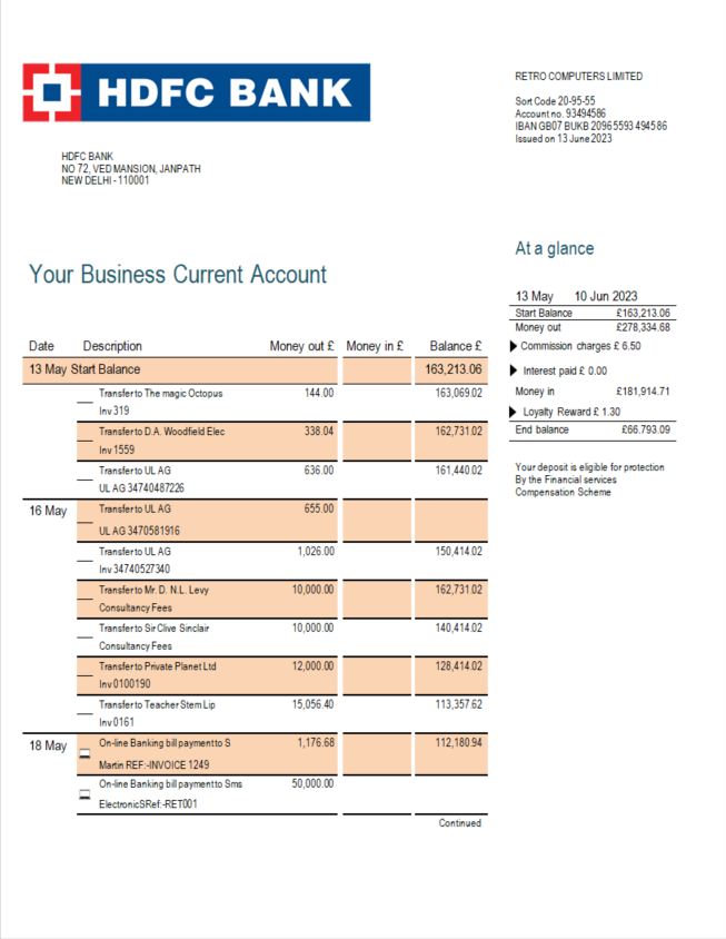 Modèle Word et PDF de relevé de compte de la banque HDFC